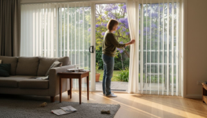Person adjusting vertical blinds in bright room