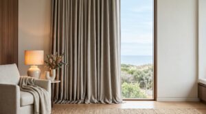 lined-curtains-home-blinds-australia - Home Blinds Australia Warm neutral lined curtains draping a formal Australian living room window