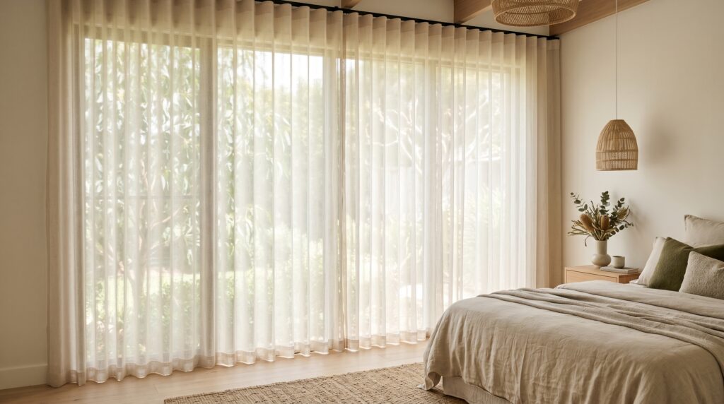 Sheer linen curtains in soft folds glowing across a sunlit Australian bedroom window