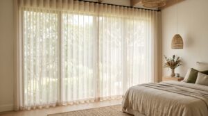 sheer-curtains-home-blinds-australia - Home Blinds Australia Sheer linen curtains in soft folds glowing across a sunlit Australian bedroom window